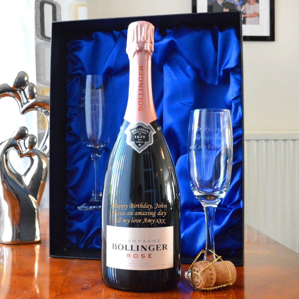 Rose Bollinger Champagne Set with Two Engraved Flutes in Blue Box