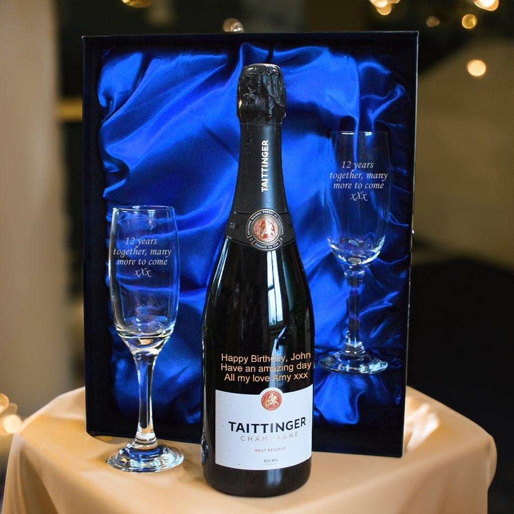 Taittinger Champagne Set with Engraved Flutes in Blue Box