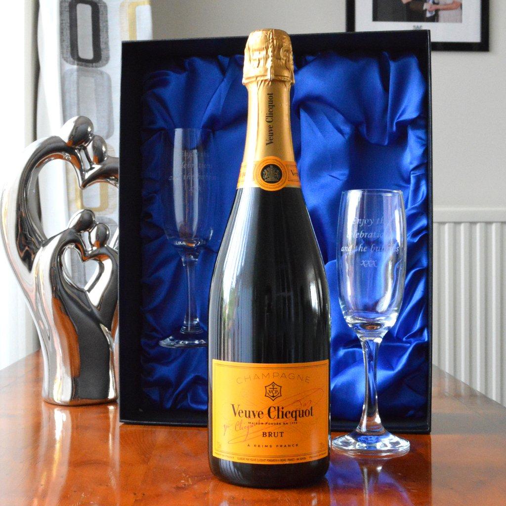 Veuve Clicquot Champagne with Engraved Flutes in Presentation Box