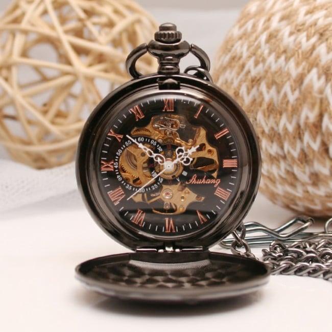 Black Engraved Pocket Watch Single Opening