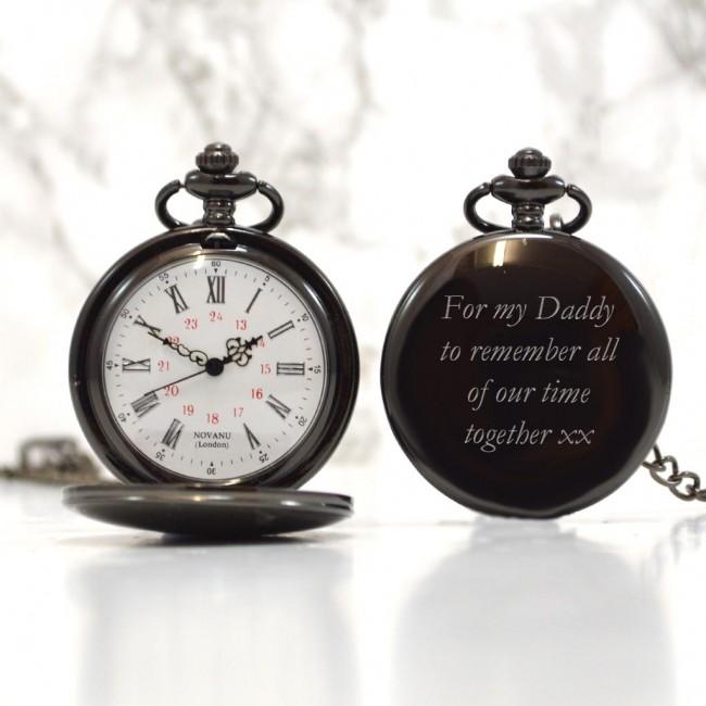 Gunmetal Black Engraved Pocket Watch With 24hr Dial