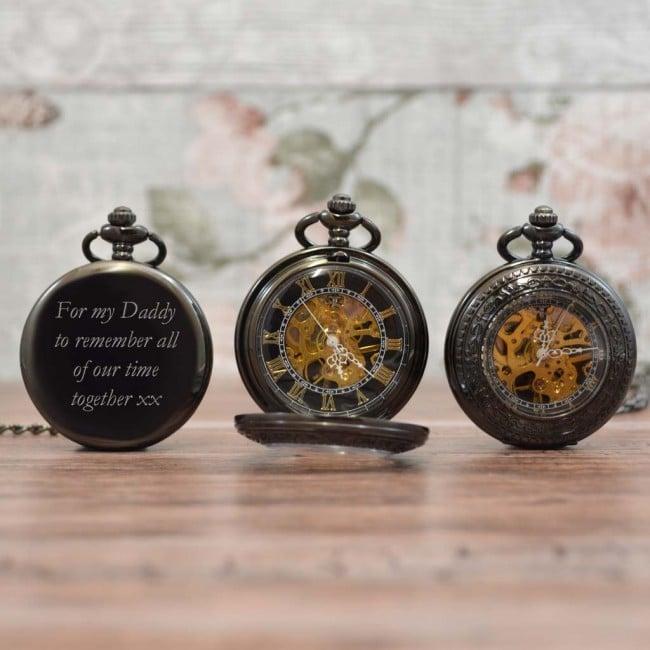 Black Engraved Pocket Watch With Antique Design