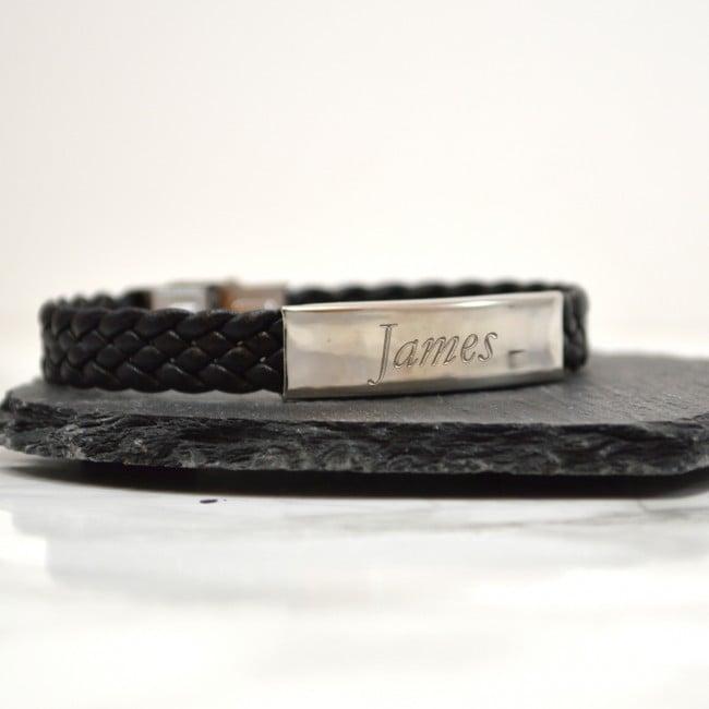 Personalised Mens Bracelet with Leather Woven Strap