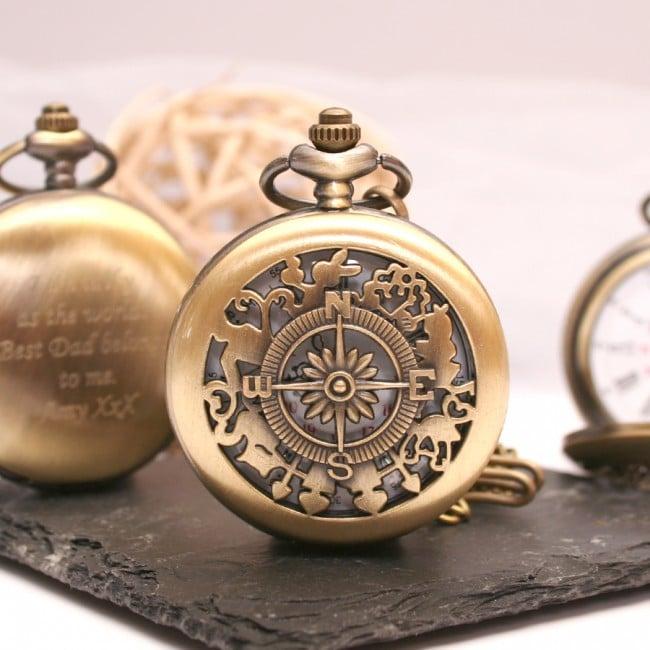 Personalised Bronze Pocket Watch Compass Design