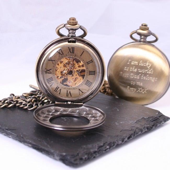 Engraved Bronze Skeleton Pocket Watch With Windowed Lid