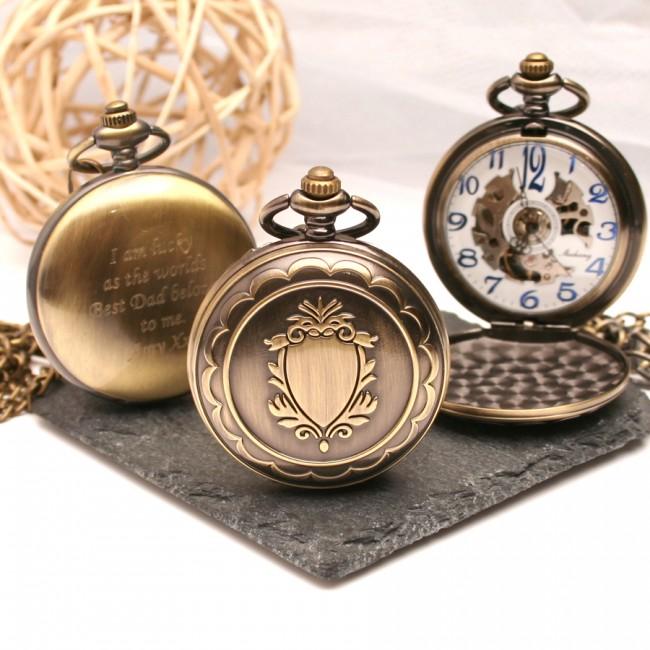 Engraved Bronze Pocket Watch With Shield Design