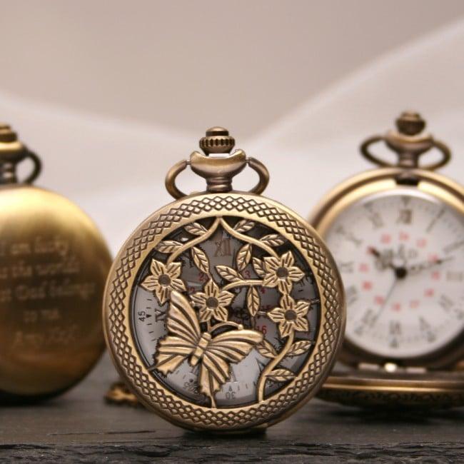 Personalised Bronze Pocket Watch Butterfly Design