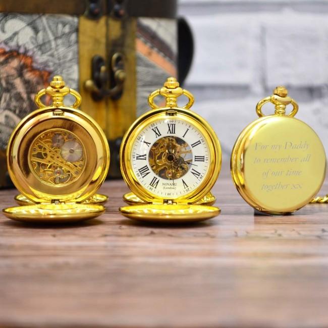 Personalised Gold Twin Opening Pocket Watch With Roman Numerals