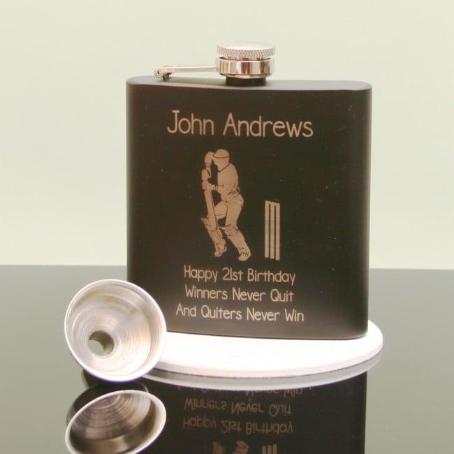 Engraved Hip Flask With Cricketer Design