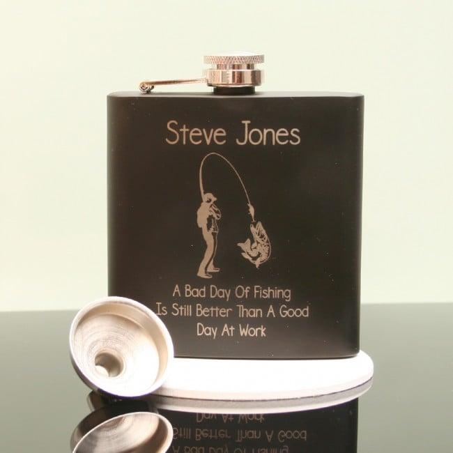 Engraved Black Hip Flask With Fisherman Design