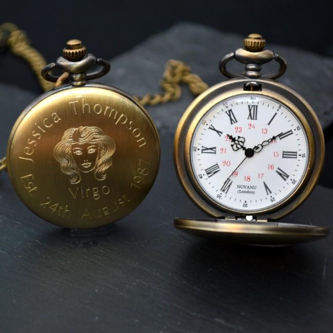 Zodiac Design Engraved Bronze Pocket Watch