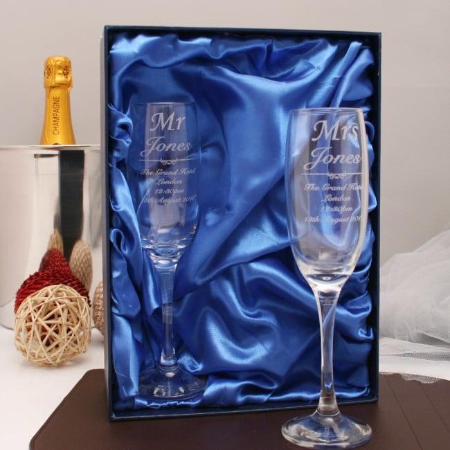 Personalised Mr And Mrs Champagne Glasses in Box