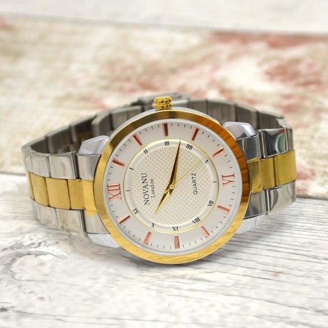 Mens Engraved Wrist Watch Silver And Gold