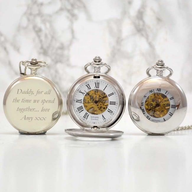 Engraved Silver Skeleton Pocket Watch With Windowed Lid