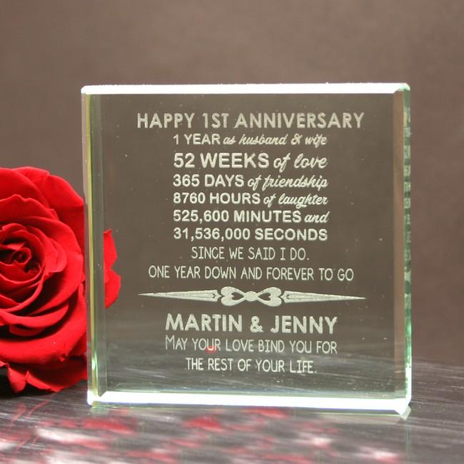 Personalised Glass Block Gift 1st Anniversary Design