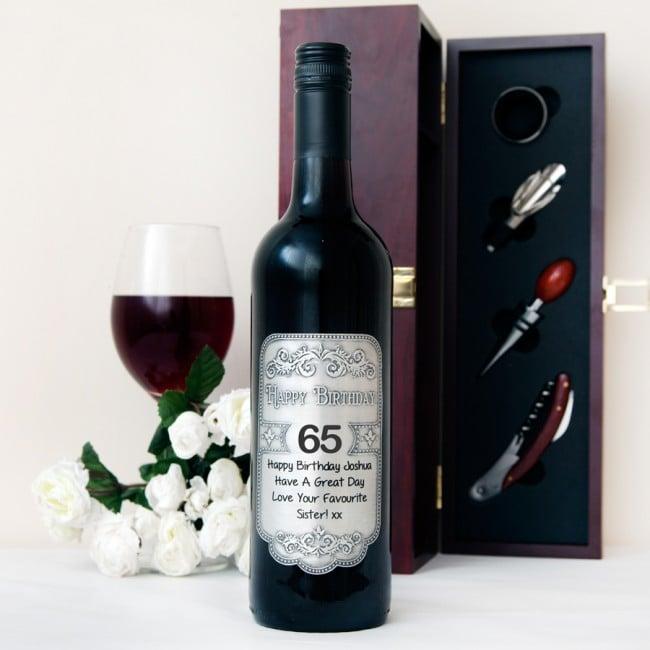 65th Birthday Personalised Red Wine with Pewter Wine Label