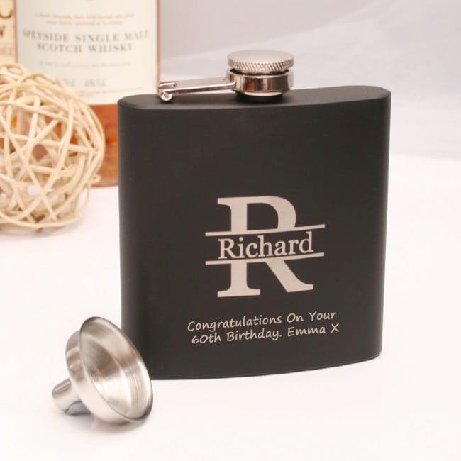 Engraved Black Hip Flask With Monogram Design