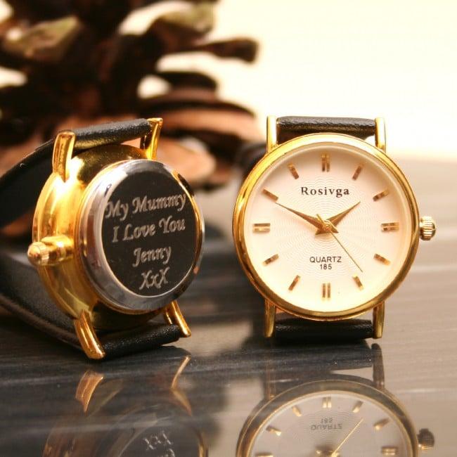 Engraved Wrist Watch for Ladies Black and Gold