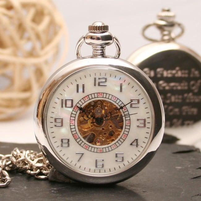 Engraved Pocket Watch With Mother Of Pearl Dial