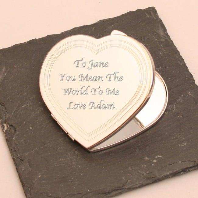 Engraved Silver Plated Heart Compact Mirror