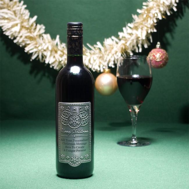 Personalised Christmas Red Wine with Engraved Pewter Bauble Wine Label