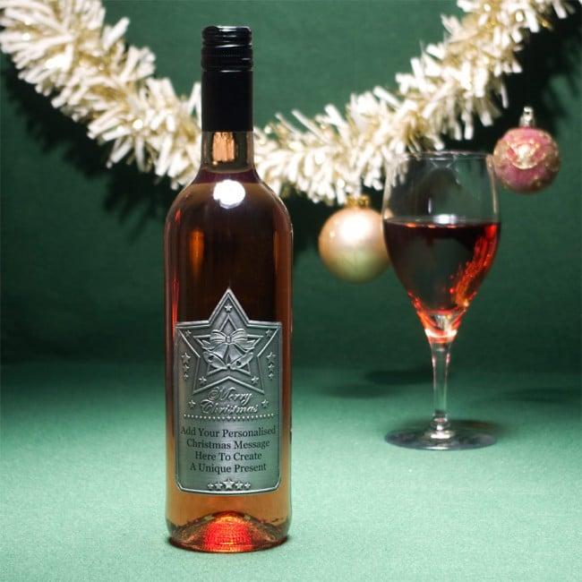 Personalised Christmas Rose Wine with Engraved Pewter Christmas Stars and Bells Wine Label