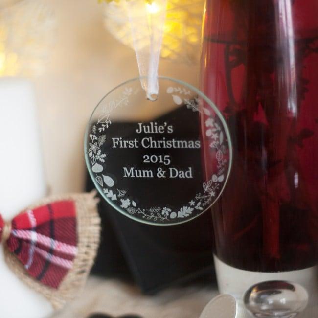 Personalised Glass Bauble Gift With Engraved Christmas Wreath Design