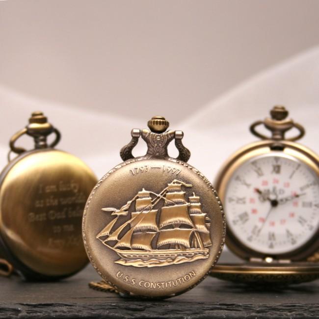 Engraved Bronze Pocket Watch Ship Design