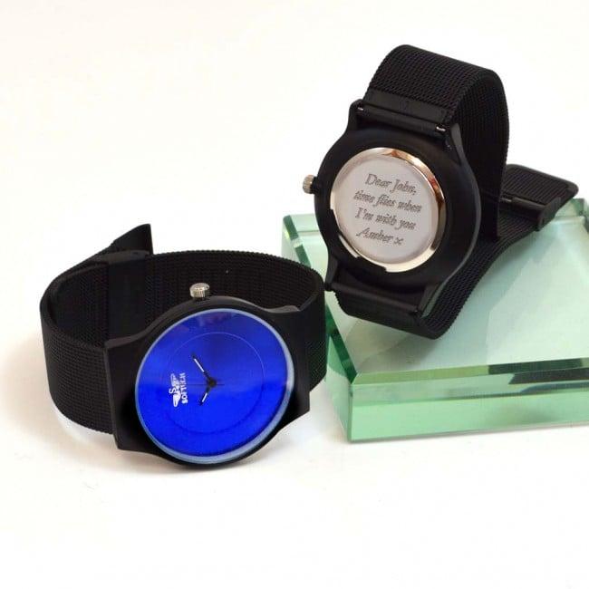 Personalised Wrist Watch Blue Metallic Dial