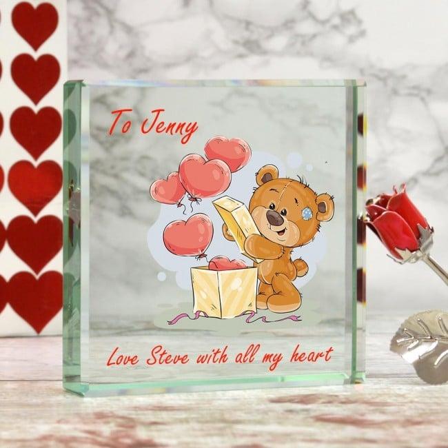 Personalised Glass Block With Cute Teddy Bear Design