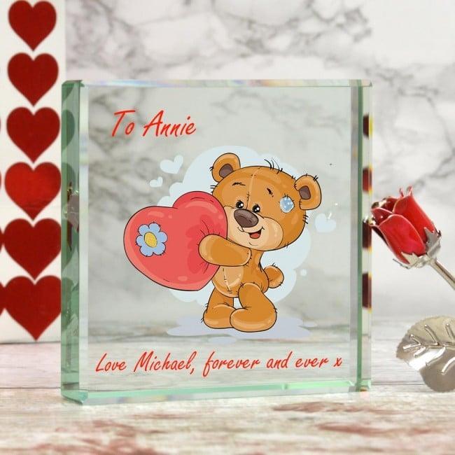 Personalised Glass Block With A Bear Design For Valentine