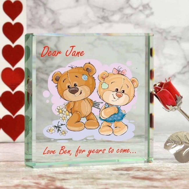 Personalised Glass Block With Romantic Cute Bear Design