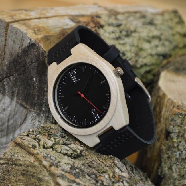 Engraved Wooden Wrist Watch With Black Dial