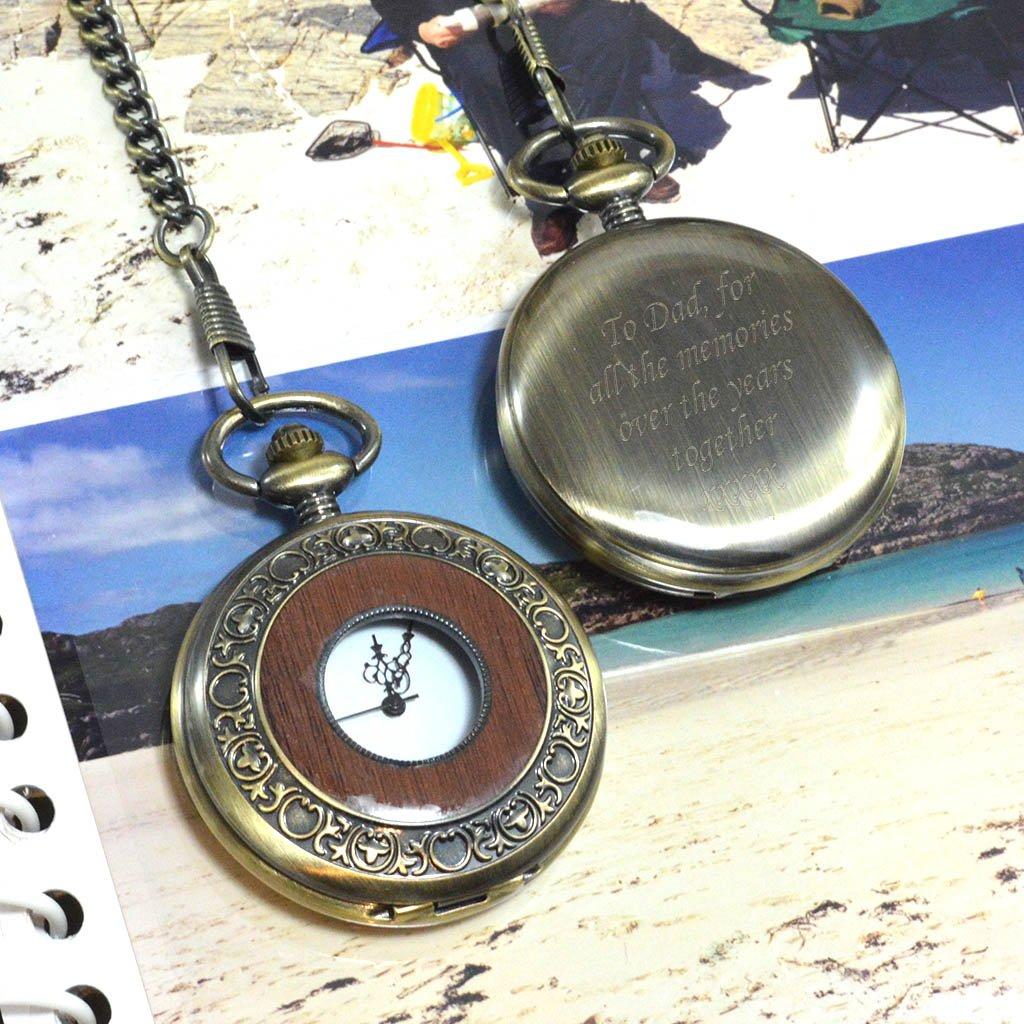 Engraved Pocket Watch With Wood Inlay