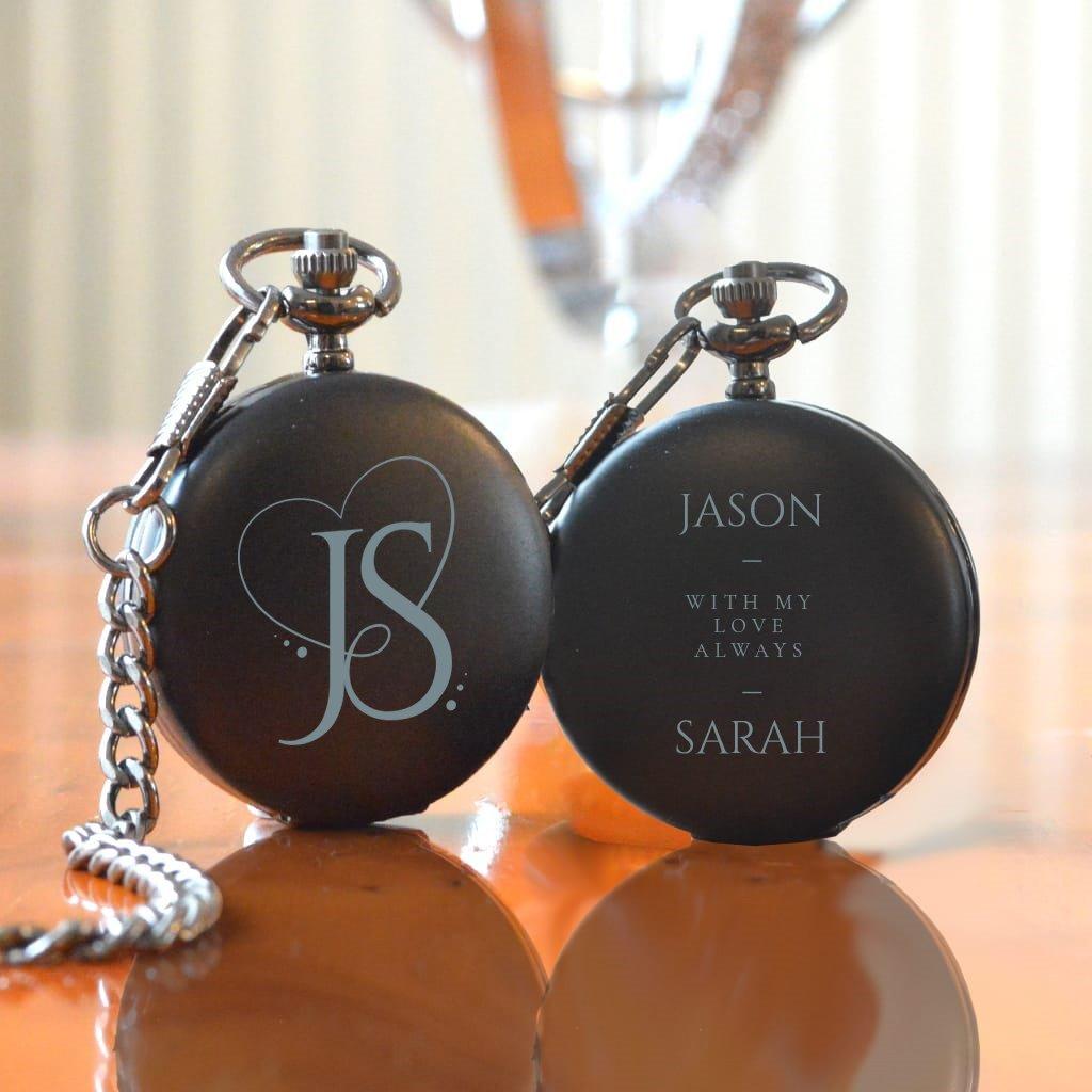 Engraved Black Pocket Watch with Initials Heart Design