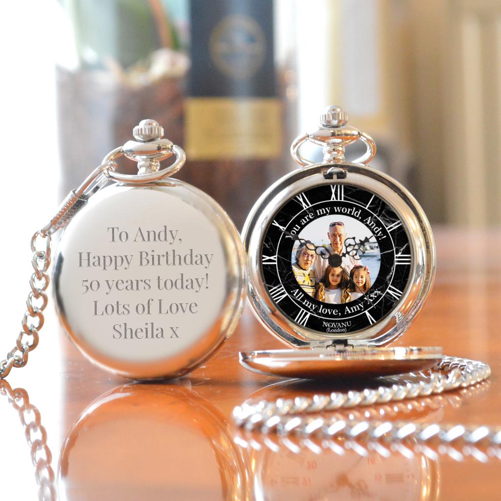 Personalised 50th Birthday Photo Pocket Watch Black Marble