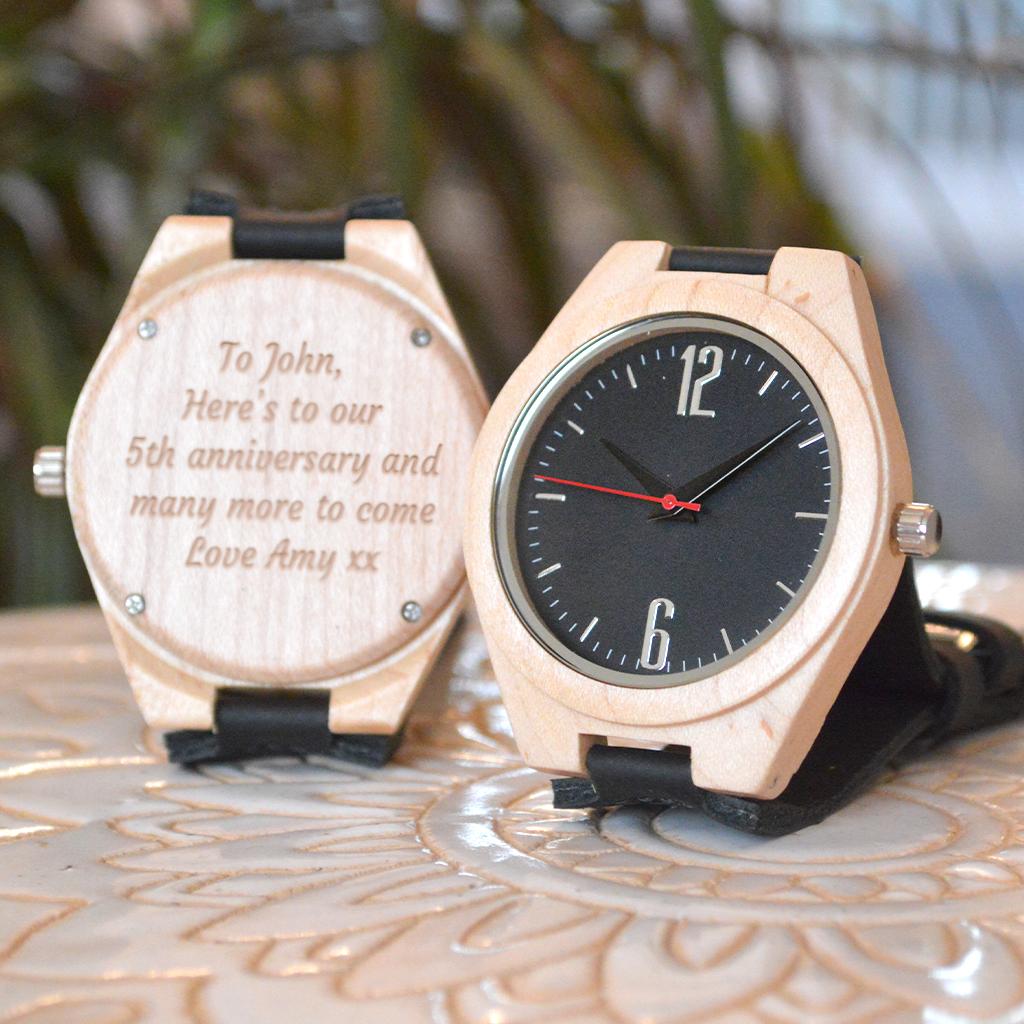 Personalised Bamboo Watch With Black Leather Strap