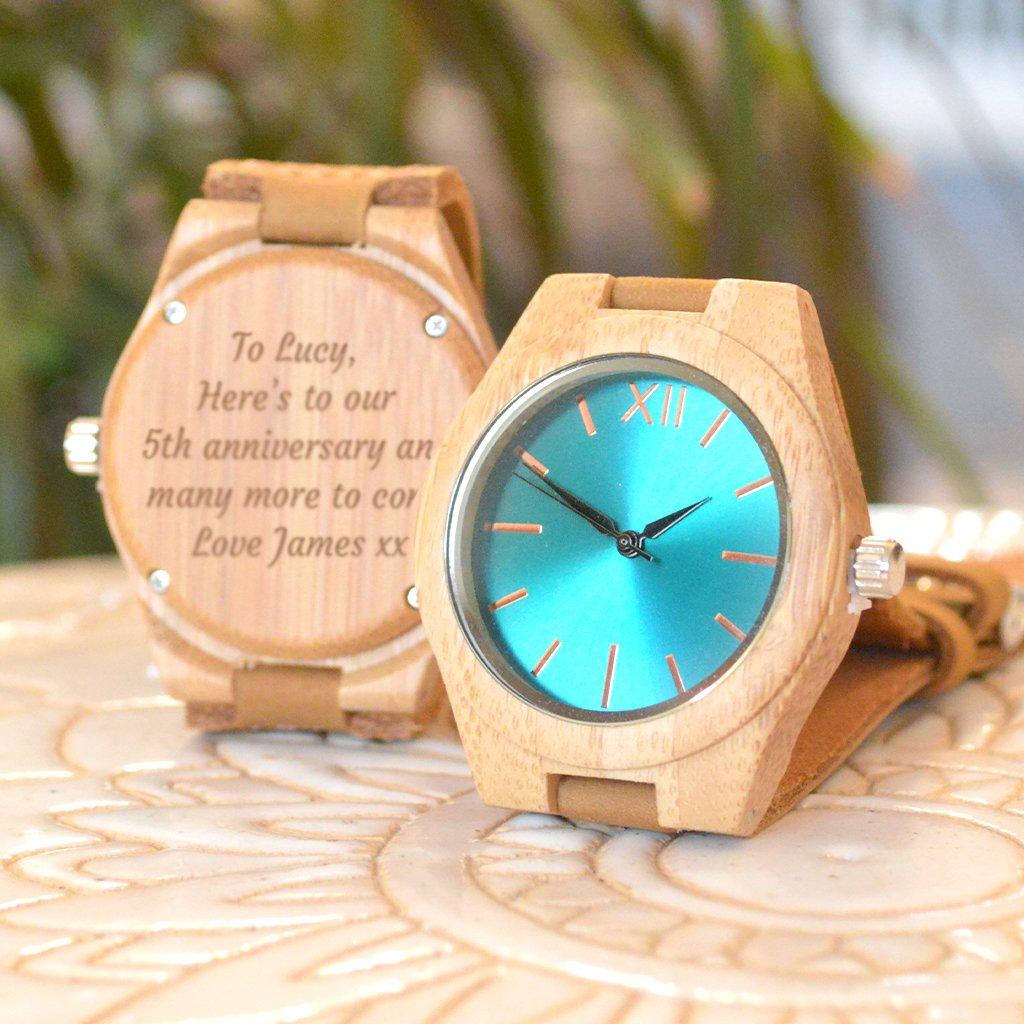 Personalised Blue Dial Bamboo Wristwatch With Leather Strap