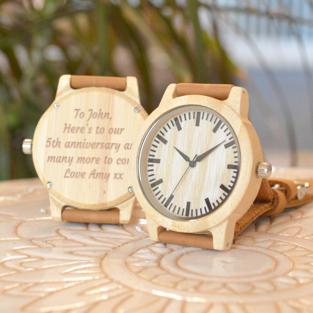 Personalised Bamboo Wristwatch With Leather Strap