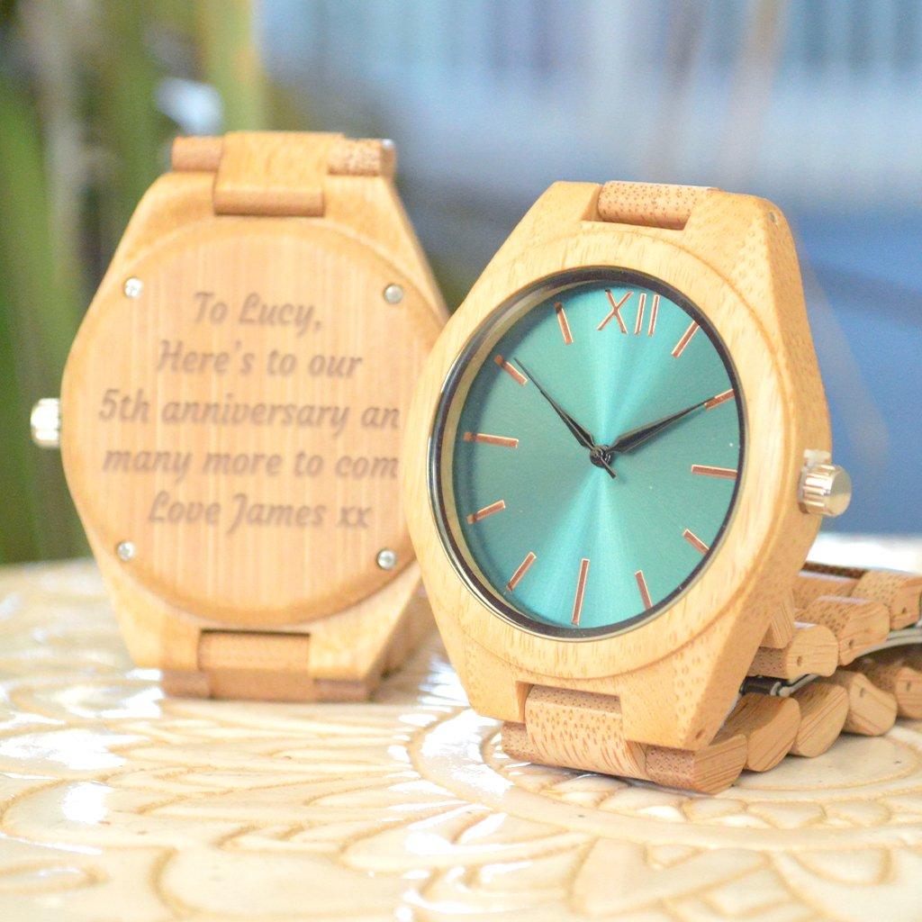 Personalised 5th Anniversary Blue Dial Bamboo Wristwatch