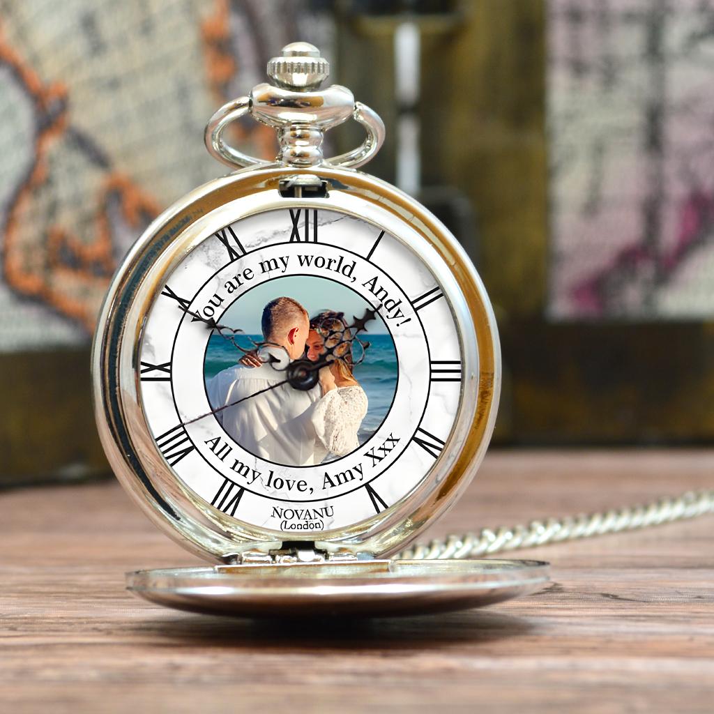 Personalised 50th Birthday Photo Pocket Watch White Marble