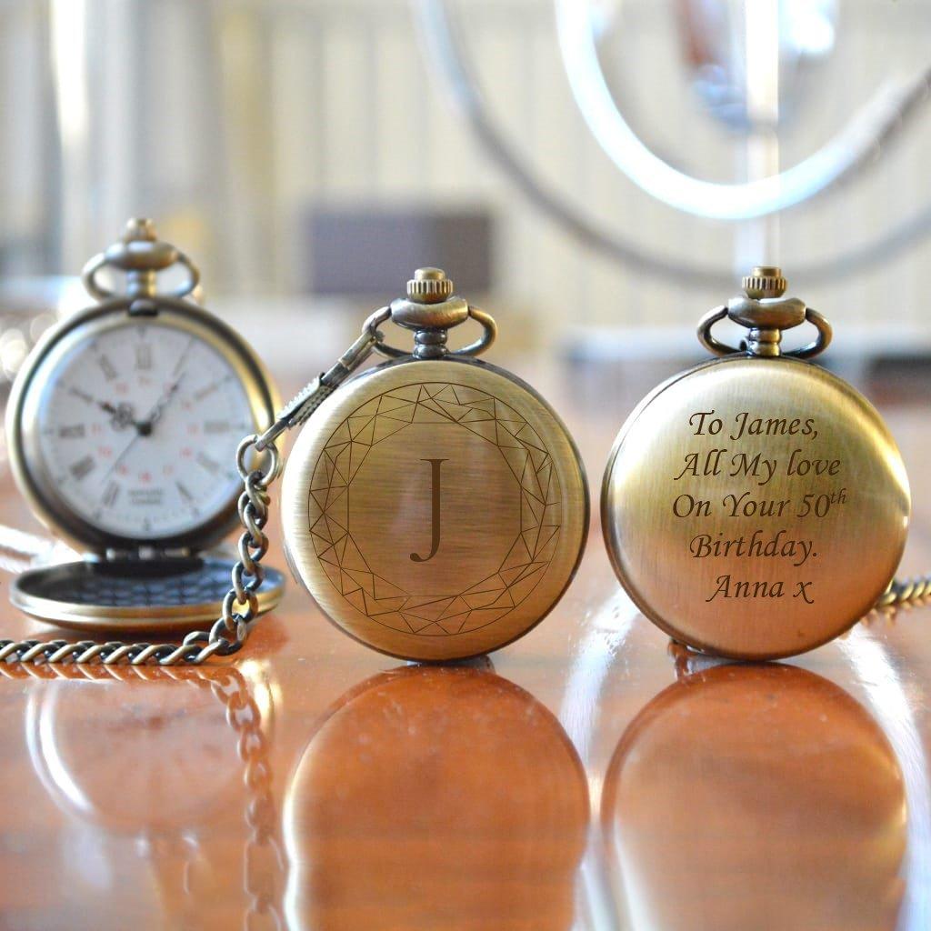 Personalised 50th Metal Finish Pocket Watch With Initial Design And Wreath