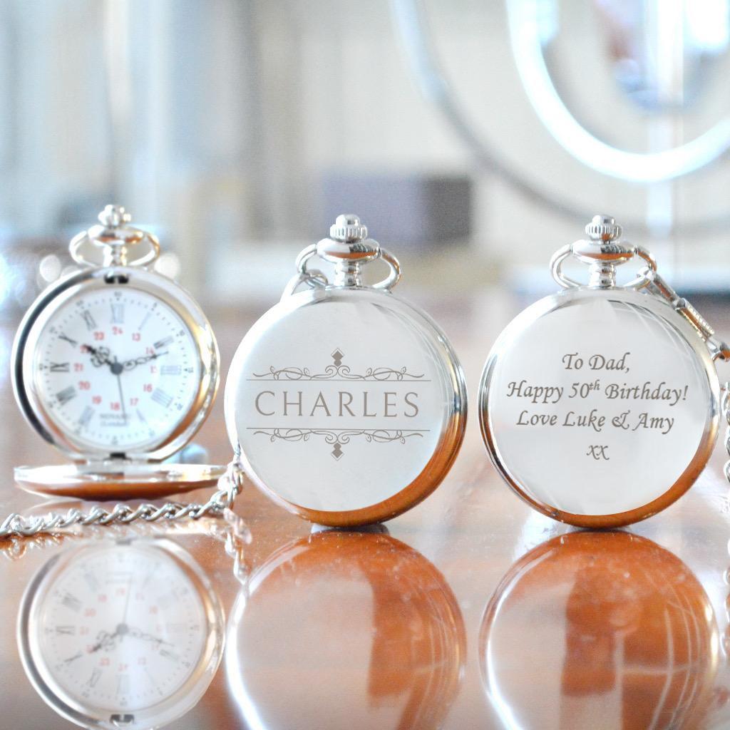 Personalised 50th Birthday Metal Finish Pocket Watch With Ornate Name Design