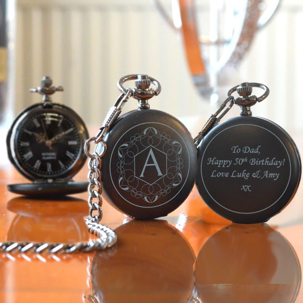 Black Personalised 50th Birthday Pocket Watch With Ornate Initial Design