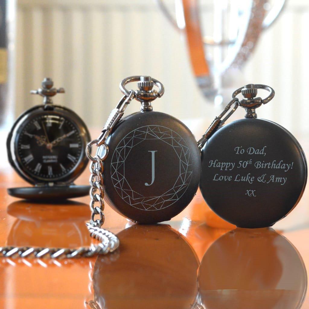 Personalised 50th Birthday Black Pocket Watch With Initial and Geometric Wreath