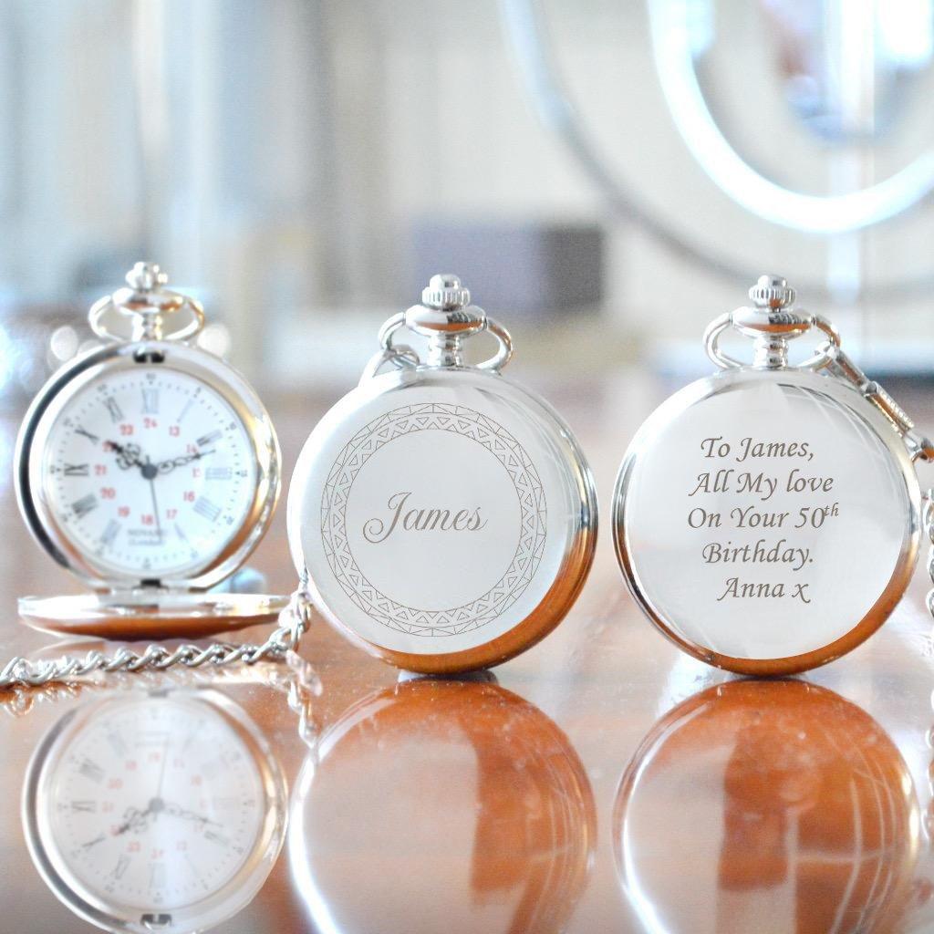 Personalised 50th Metal Finish Pocket Watch With Contemporary Name Design