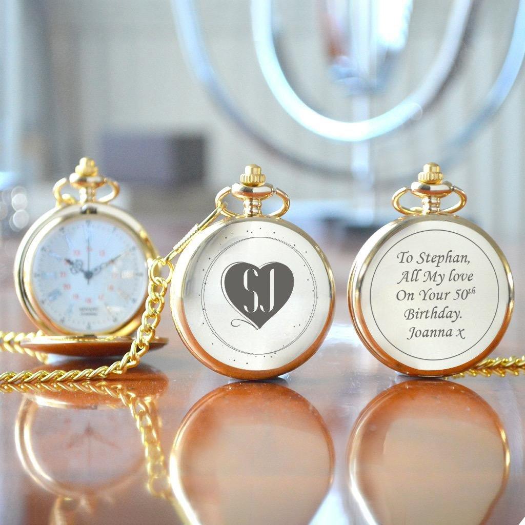 Personalised 50th Birthday Metal Pocket Watch With Love Heart Initials