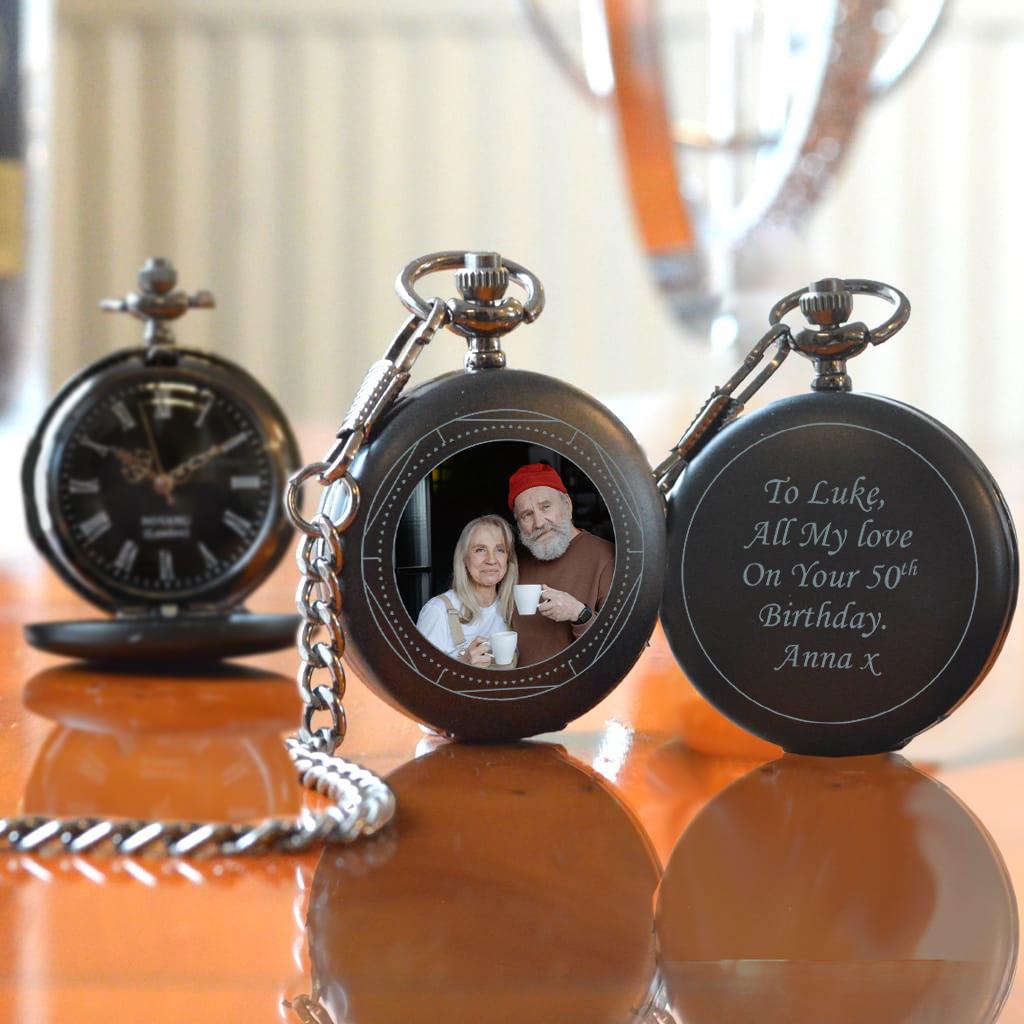 Personalised Black Pocket Watch With 50th Birthday Photo Upload