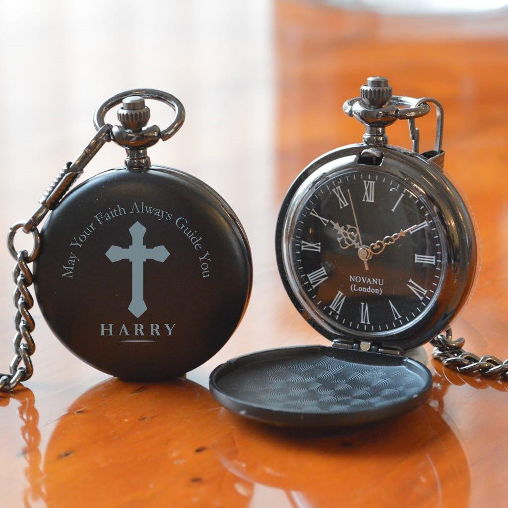 Personalised Christening Pocket Watch Cross Design Black