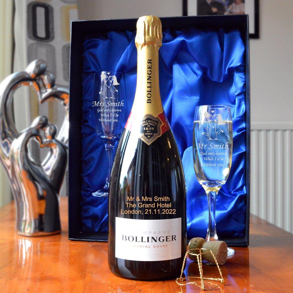 Personalised Wedding Bollinger Champagne Gift Set with Engraved Champagne Flutes